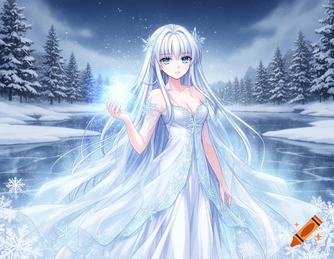 Anime magical girl with white hair, blue eyes, and a white snowflake dress, holding a glowing snowflake in a snowy winter forest.