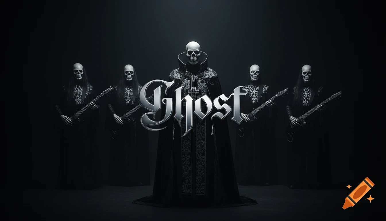 Five skeletal figures in dark robes with guitars, centered by a figure in a cardinal-like robe and skull mask, with a silver 'Ghost' logo.