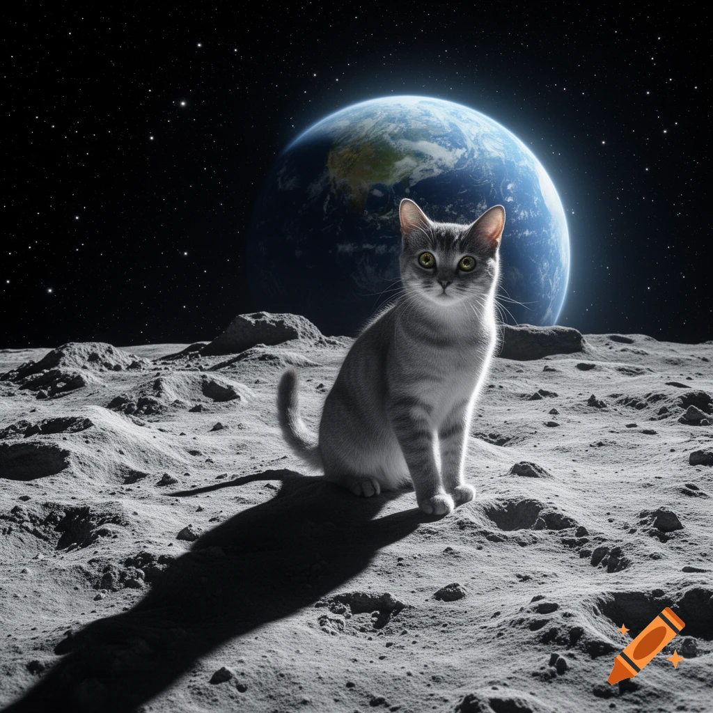 A grey tabby cat sits on the rocky surface of the moon with Earth visible in the dark starry sky above.