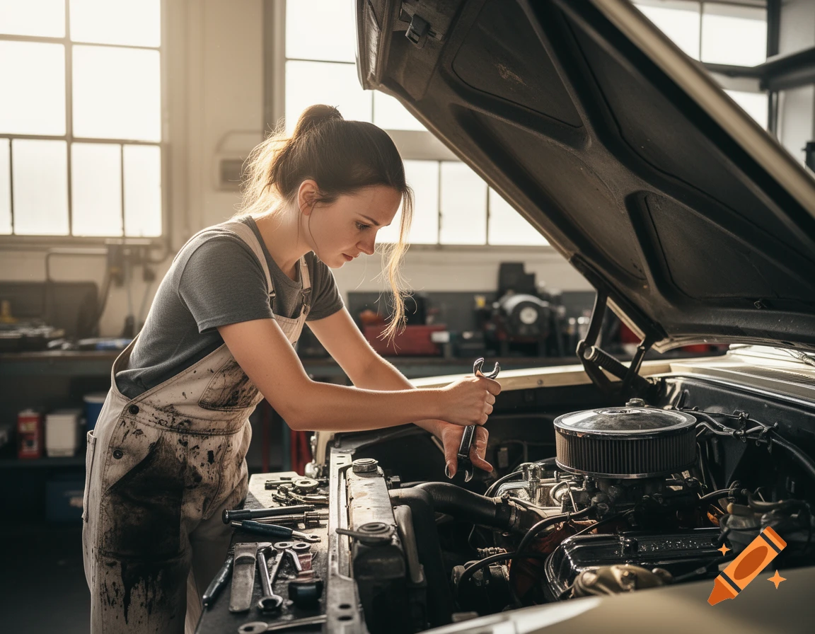 A female car mechanic in oil-stained overalls works on an open car engine in a sunlit garage.