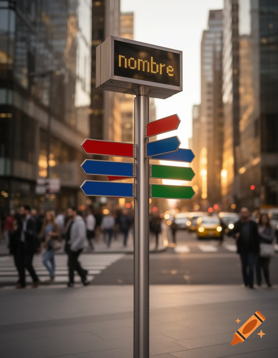 Photorealistic image of a signpost with colored arrows and a digital display showing 'nombre' on a busy city street.