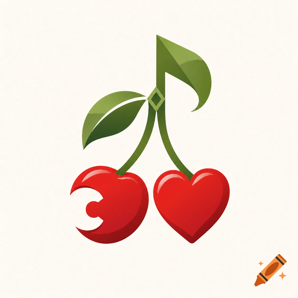 A stylized cherry logo with two red cherries. The left cherry has a bite revealing a 'C', the right is heart-shaped. Their green stems and leaves form a musical note with geometric details.