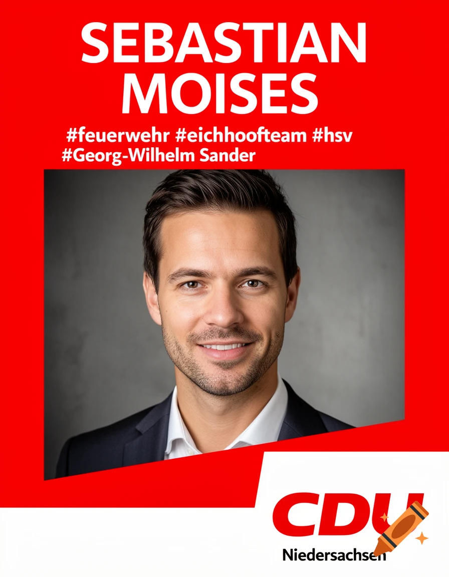 A modern German political campaign poster for Sebastian Moises, featuring a smiling man in a suit on a red background with CDU logo and hashtags.
