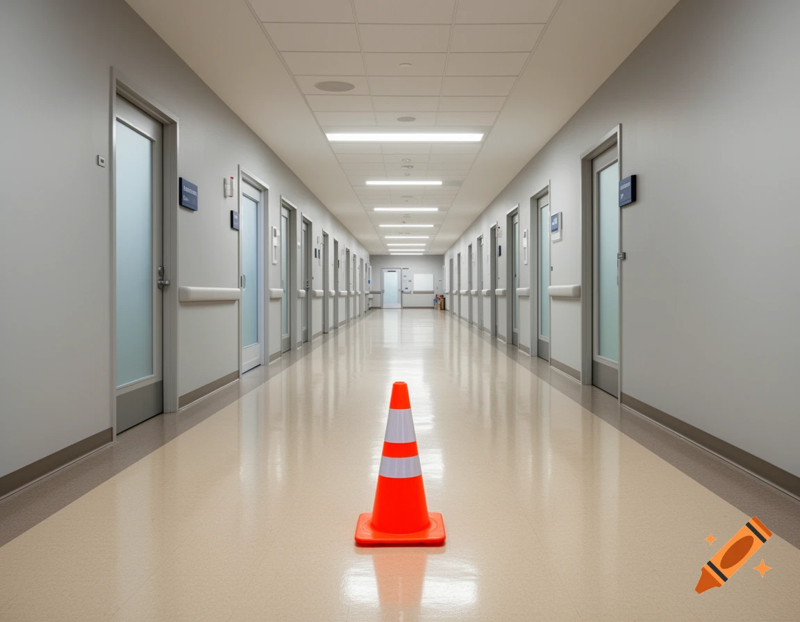 A long, brightly lit hospital hallway with many doors, leading to a distant exit. An orange safety cone sits in the middle of the beige floor.