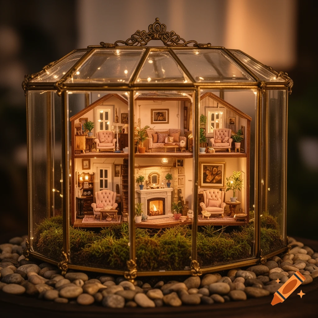 A miniature dollhouse with illuminated rooms nestled inside a glass terrarium, surrounded by pebbles and moss.