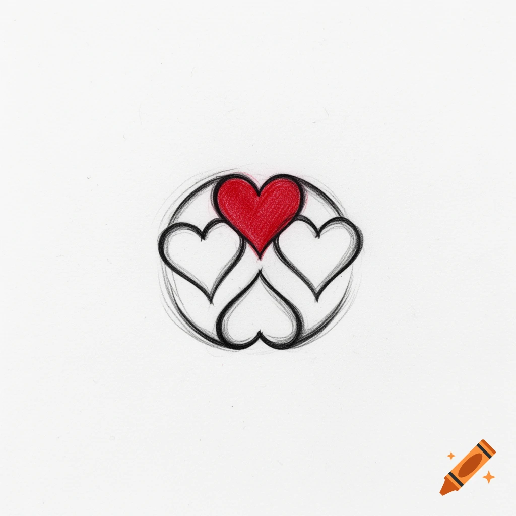 Sketch of three hearts arranged in a circle, one red and two outlined in black.
