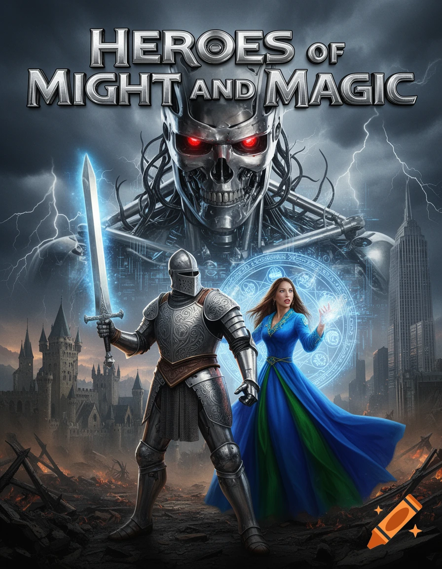 Fantasy-sci-fi poster with a knight and sorceress standing over ruins, a castle, and city, under a stormy sky with a giant robotic skull. Text: "HEROES OF MIGHT AND MAGIC".