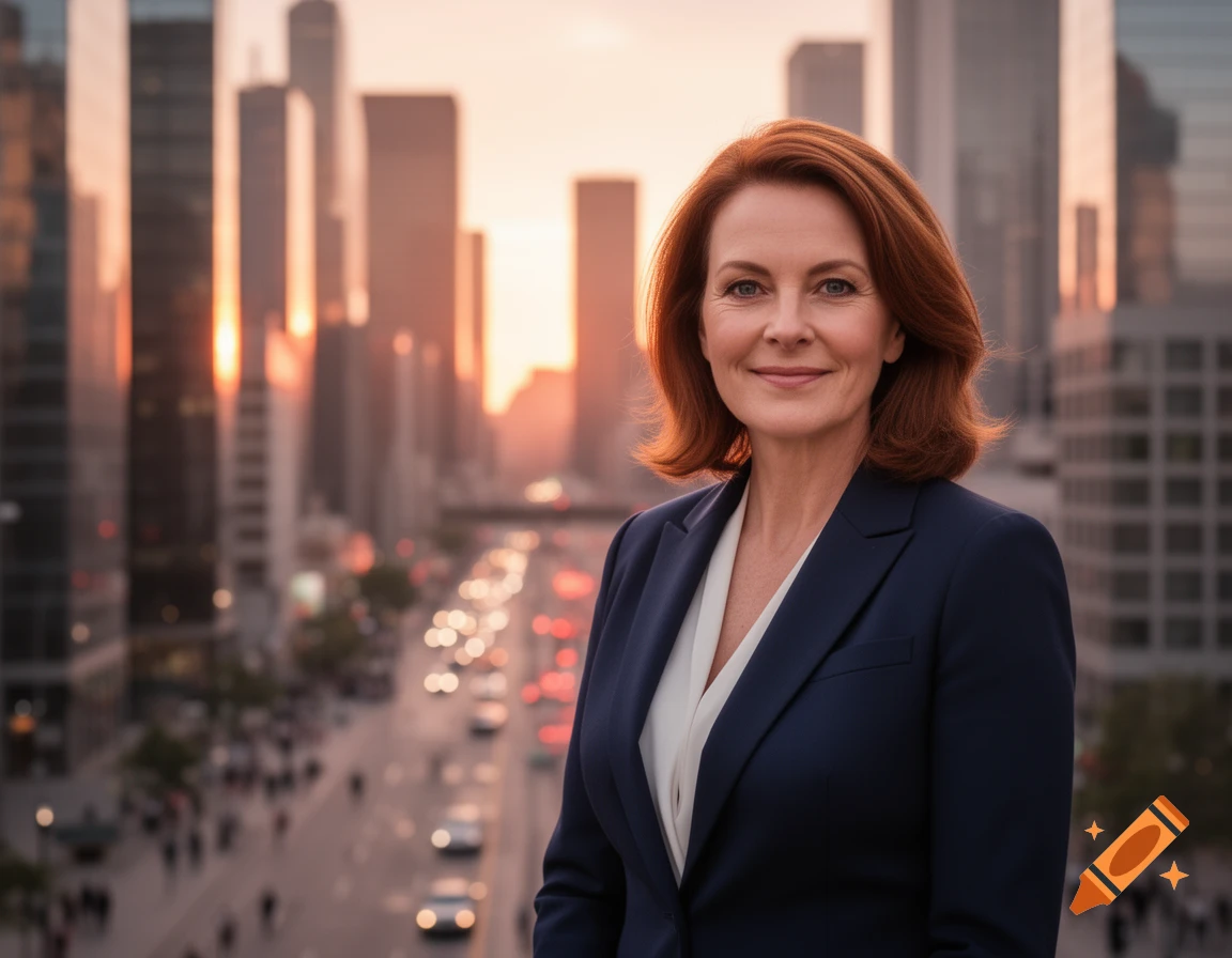 A smiling businesswoman with red hair in a navy suit stands before a sunlit city skyline, photorealistic.