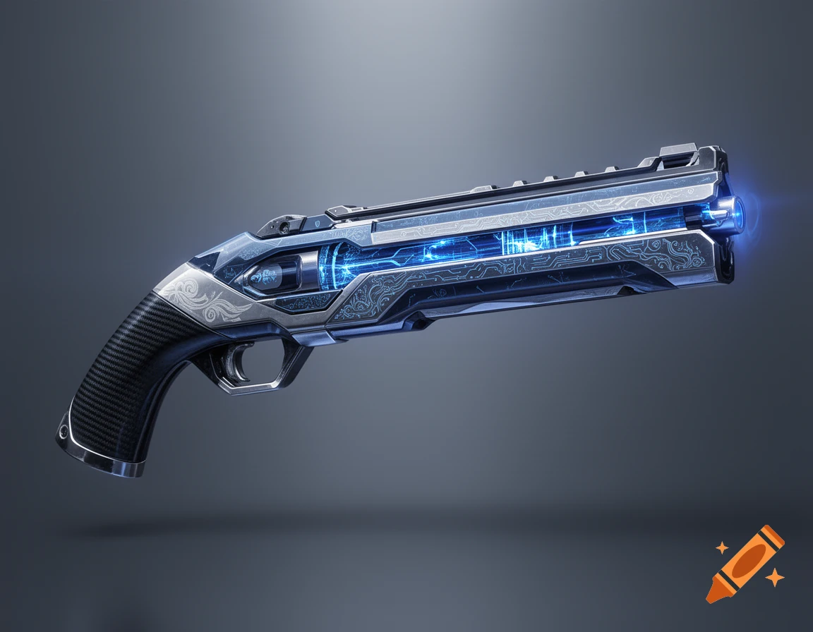 A sleek, futuristic shotgun with intricate silver designs and a glowing blue energy core against a dark background.