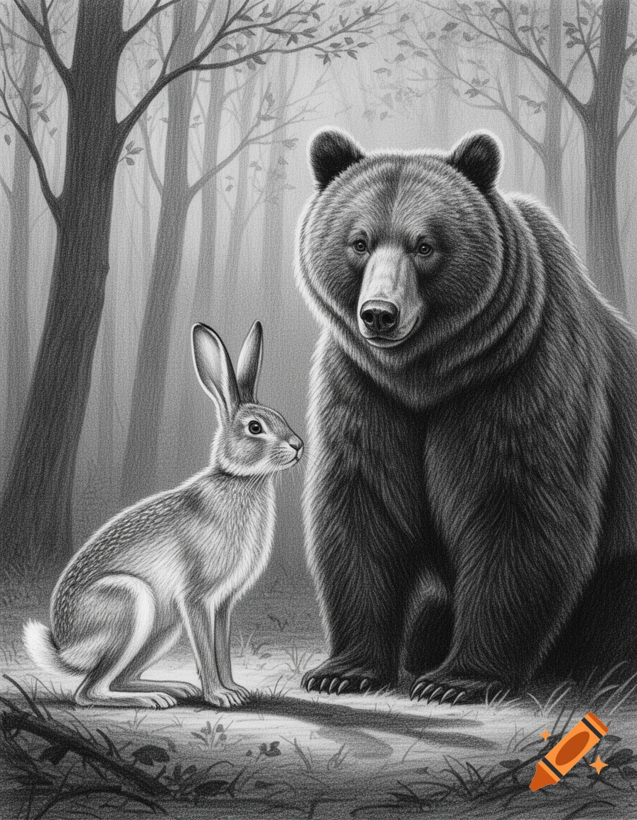 Black and white pencil drawing of a large bear and a small rabbit standing in a misty forest.