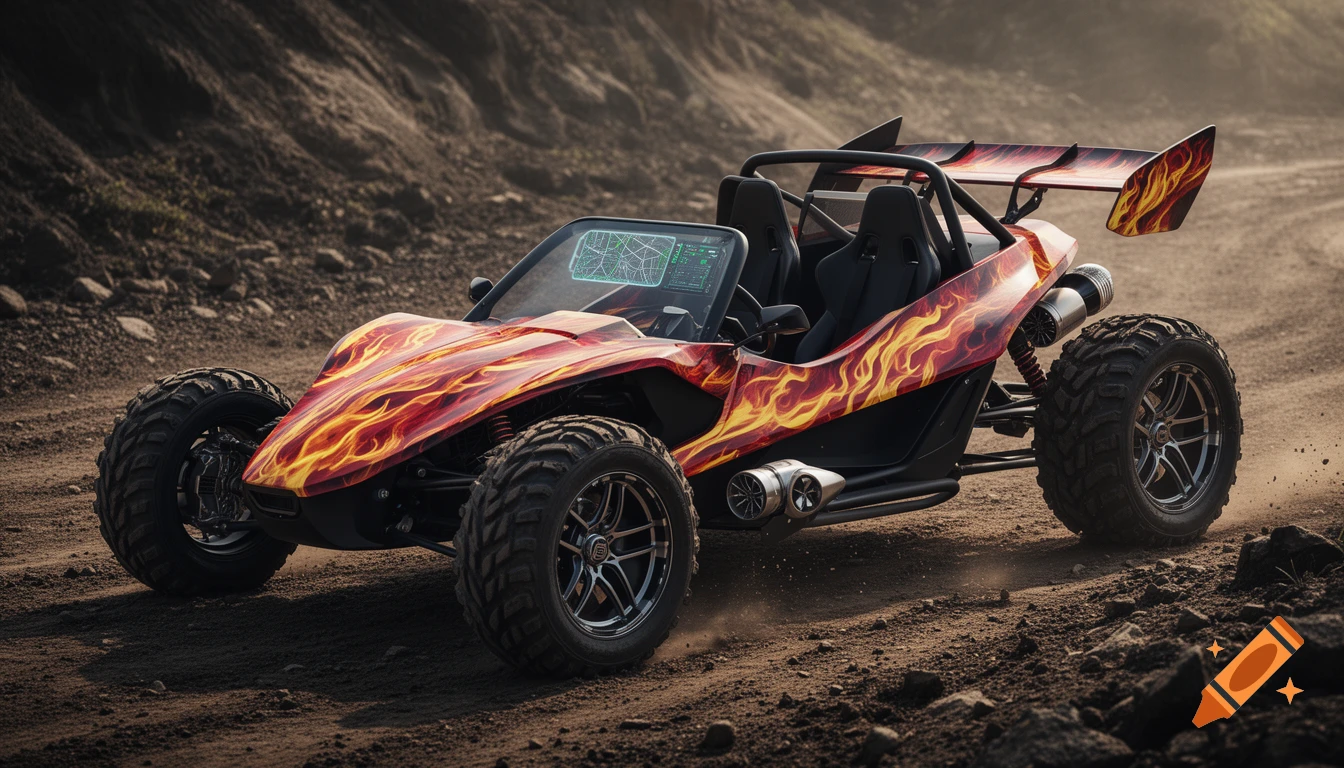 A red and gold flame-painted sports buggy with large off-road tires and a racing spoiler on a dirt track.