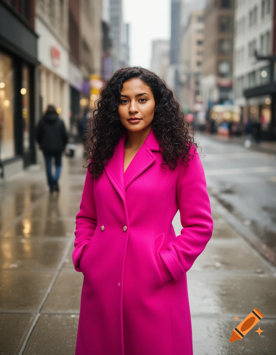 A woman with dark curly hair stands on a wet city street, wearing a vibrant hot pink coat with her hands in pockets.