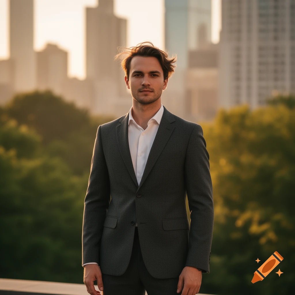 A photorealistic portrait of a man in a gray suit and white shirt, standing against a blurred city skyline and trees at sunset.