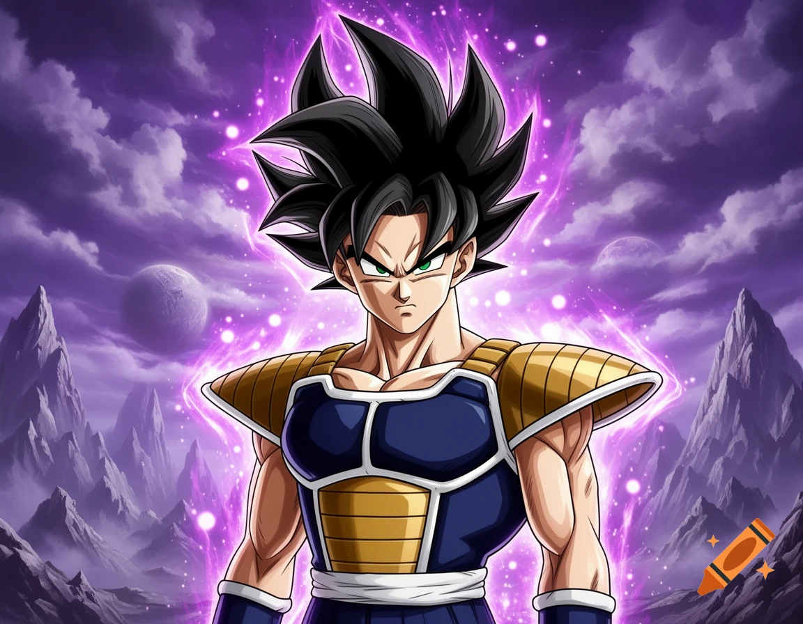 Anime-style character with spiky black hair, green eyes, and blue and gold armor against a purple alien landscape.