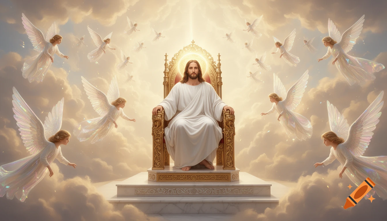 Jesus Christ sits on a golden throne in the sky, surrounded by many flying angels amidst luminous clouds.