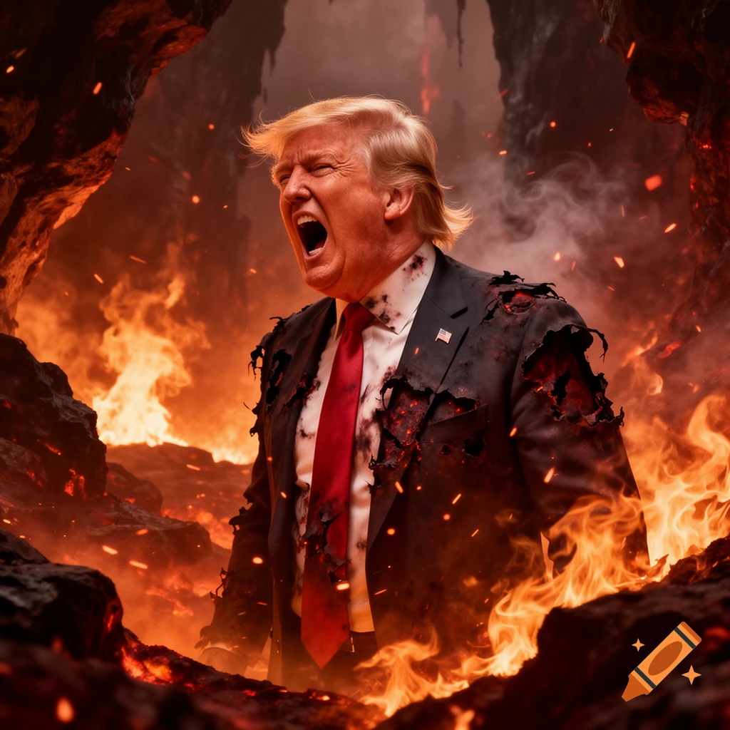 Donald Trump screaming in agony, his suit burned, surrounded by intense flames and smoke in a hellish landscape.
