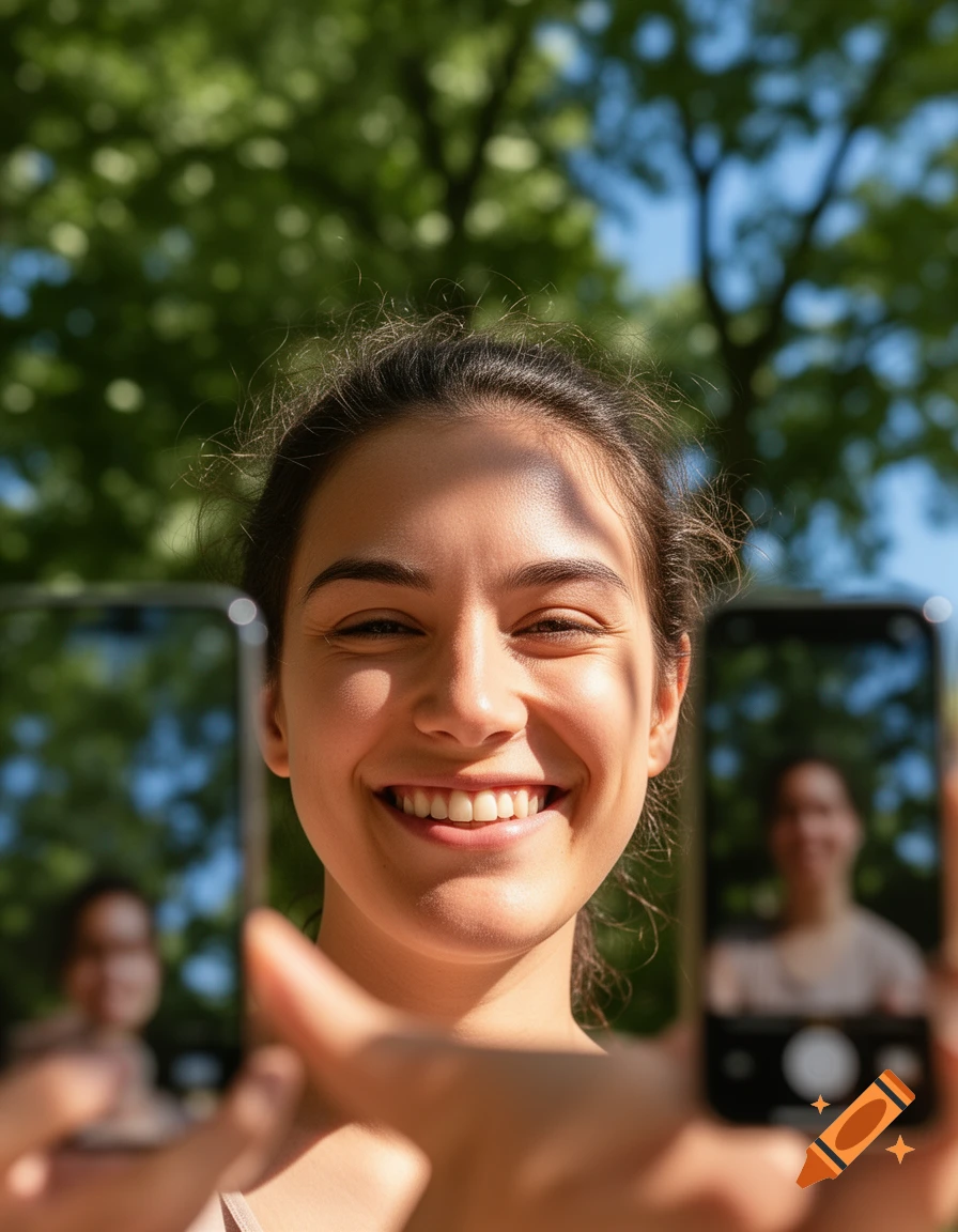 A smiling woman takes a selfie outdoors, holding two phones that reflect her image against a blurry green tree background.