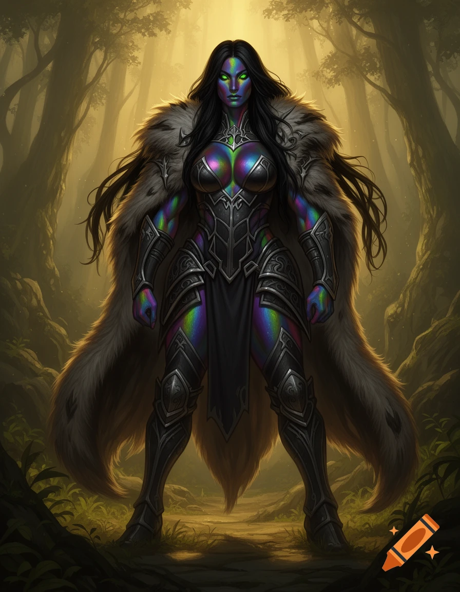 A brutal fantasy war-queen named Ontari with iridescent rainbow skin, emerald eyes, and black hair, wearing ornate armor and a large fur coat, stands in an enchanted forest.