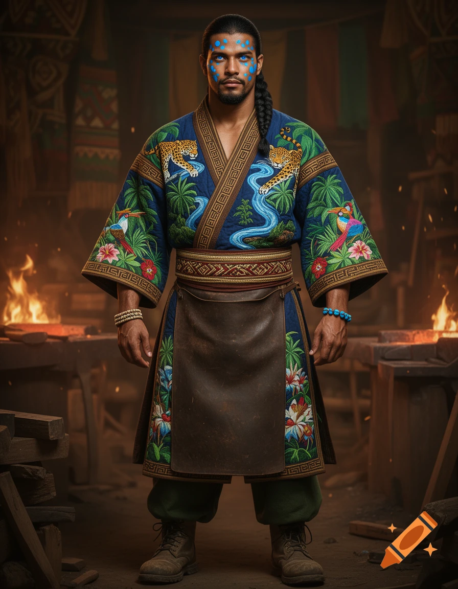 A strong man with blue face paint and braided hair wears an intricately embroidered kimono with jaguars and birds, a leather apron, and boots, standing in a forge with fire.