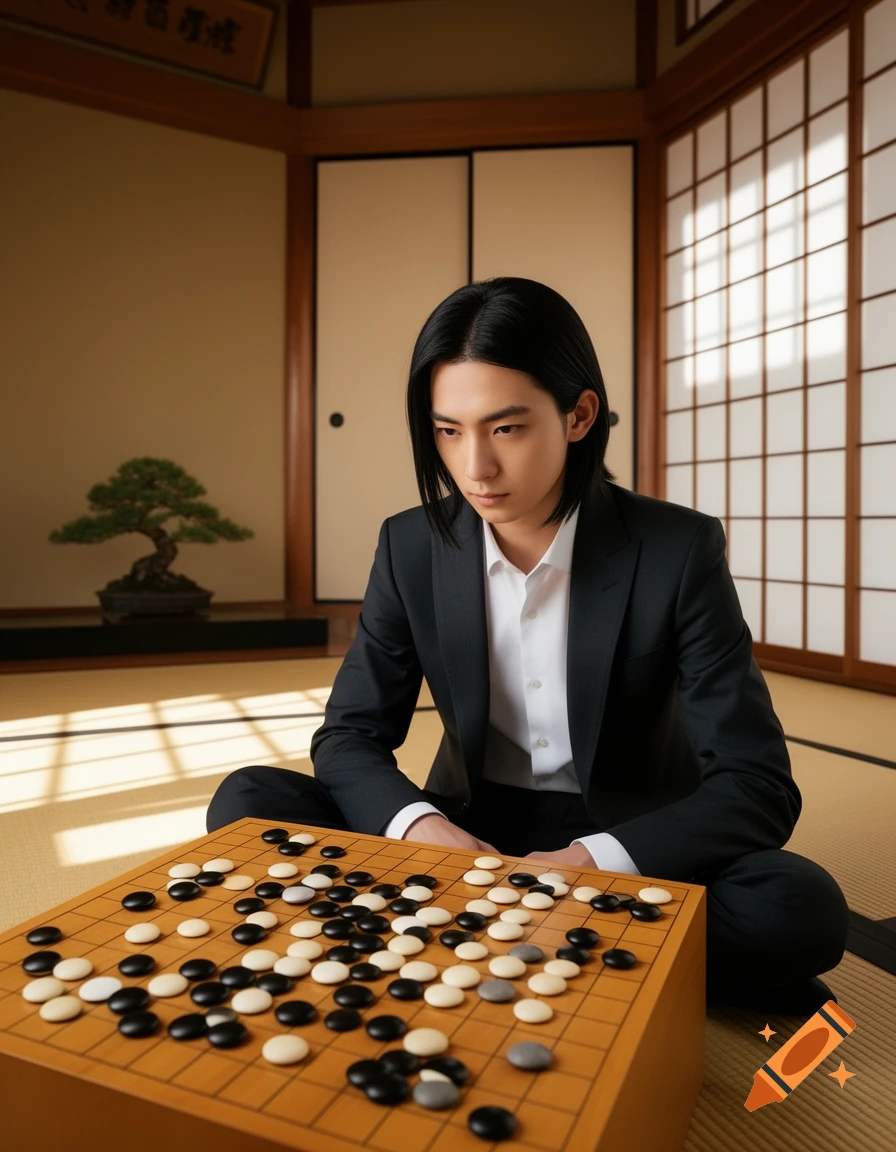 A young man with long black hair in a suit sits on the floor of a traditional Japanese room, intently playing a game of Go.