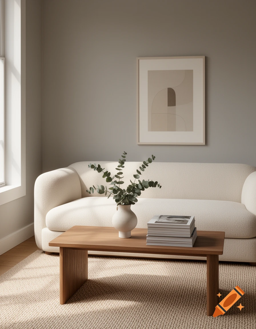 A minimalist living room with a cream sofa, a wooden coffee table with a plant, and a framed abstract print on a gray wall.