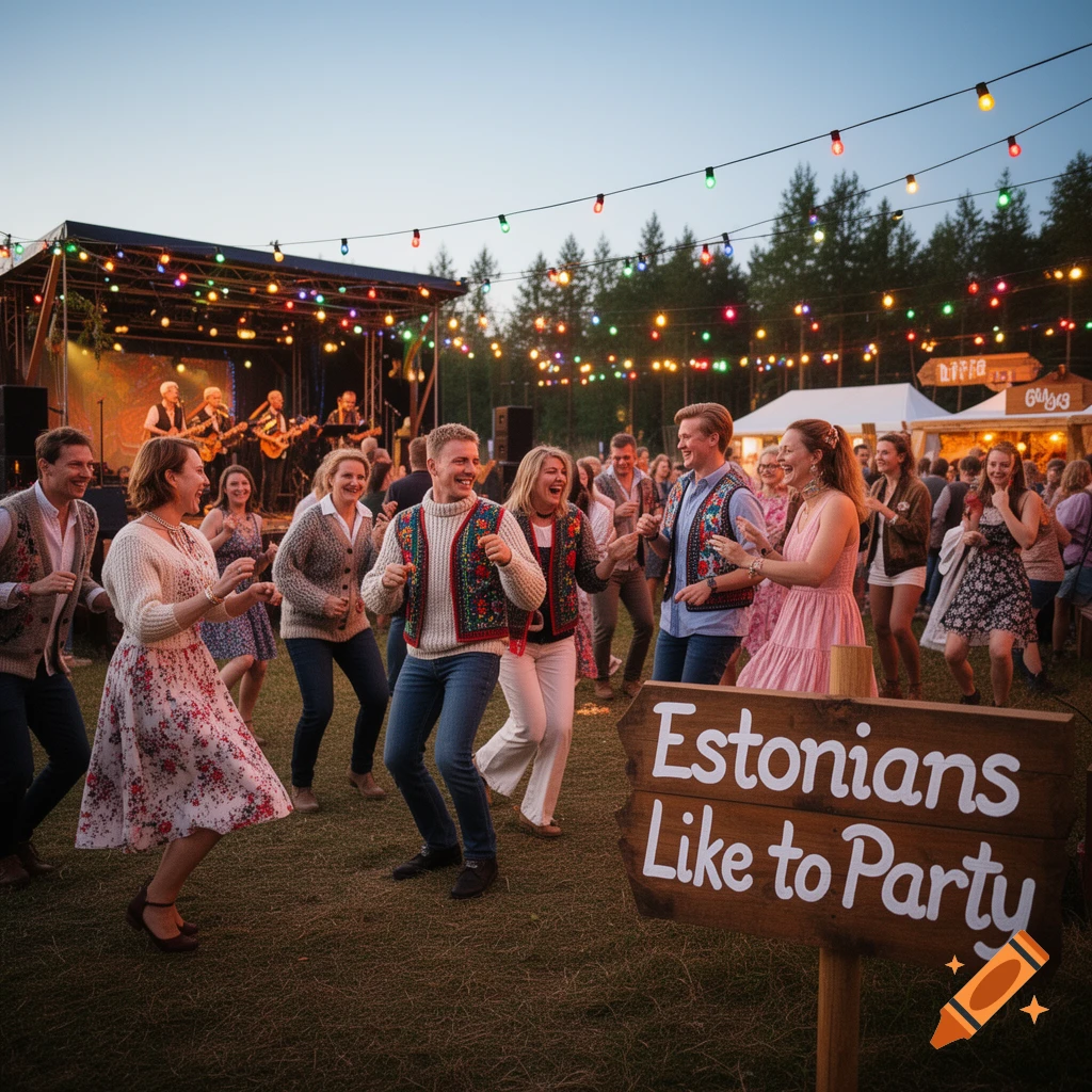 People dance joyfully at an outdoor festival with a band on stage, string lights, and a sign saying "Estonians Like to Party".