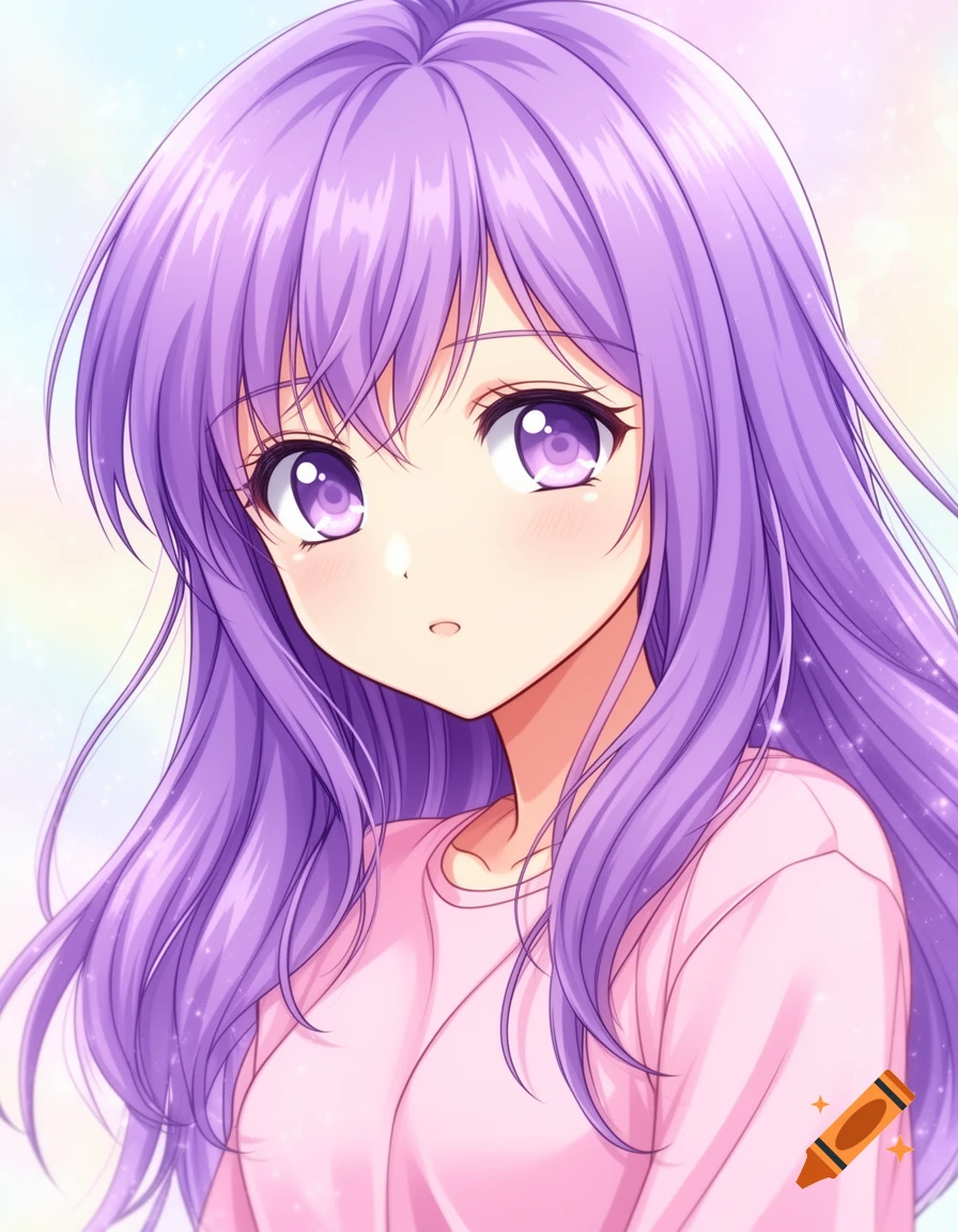 Anime portrait of a girl with long purple hair and purple eyes wearing a light pink shirt.