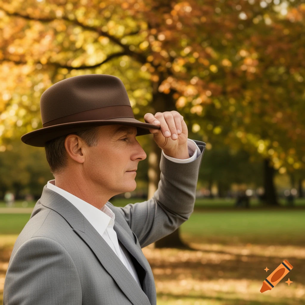 Photorealistic image of a man in a grey suit and brown fedora, holding the brim, looking right in an autumn park with colorful trees.