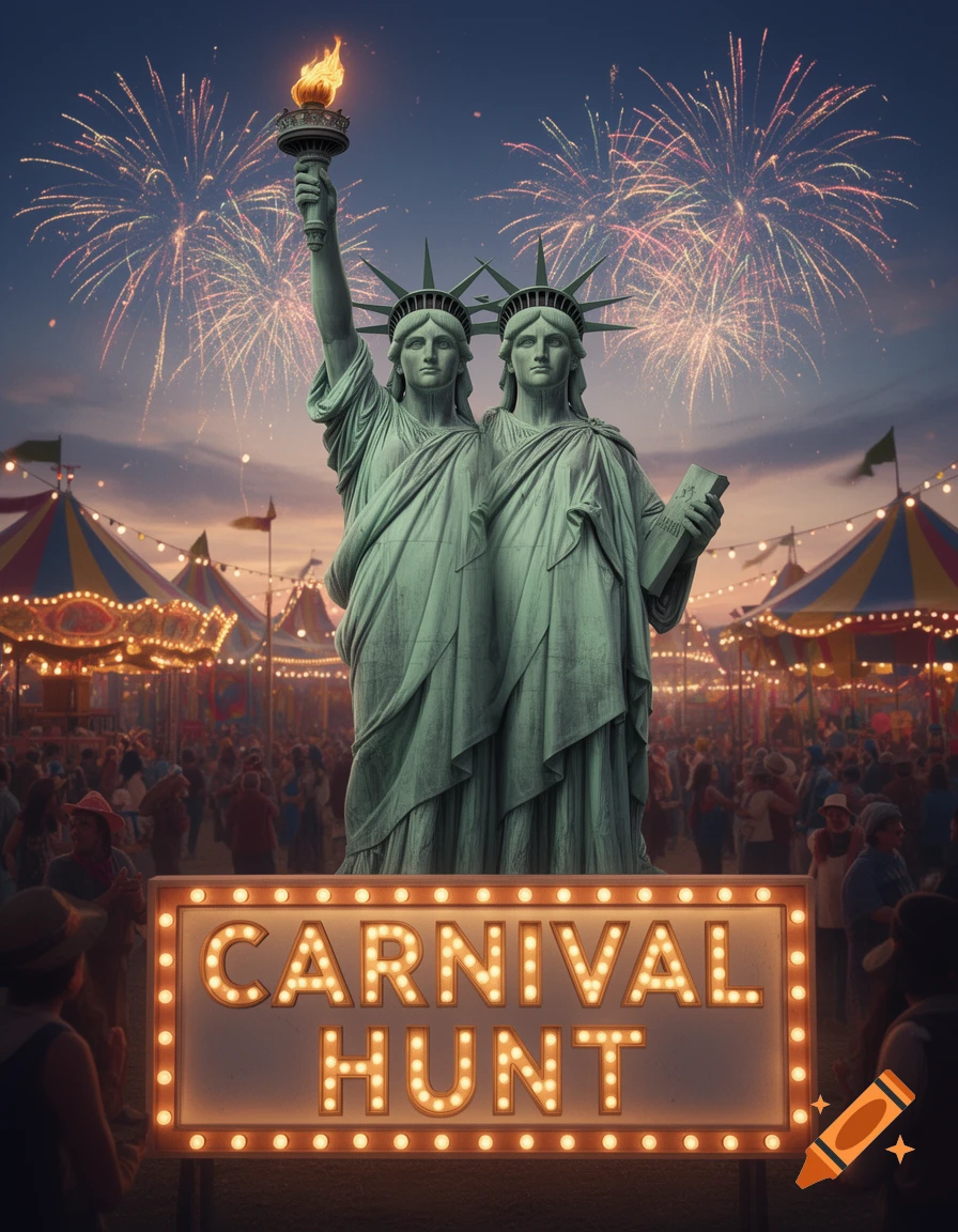 Two conjoined Statues of Liberty stand at a carnival with fireworks overhead and a sign saying 'CARNIVAL HUNT'.
