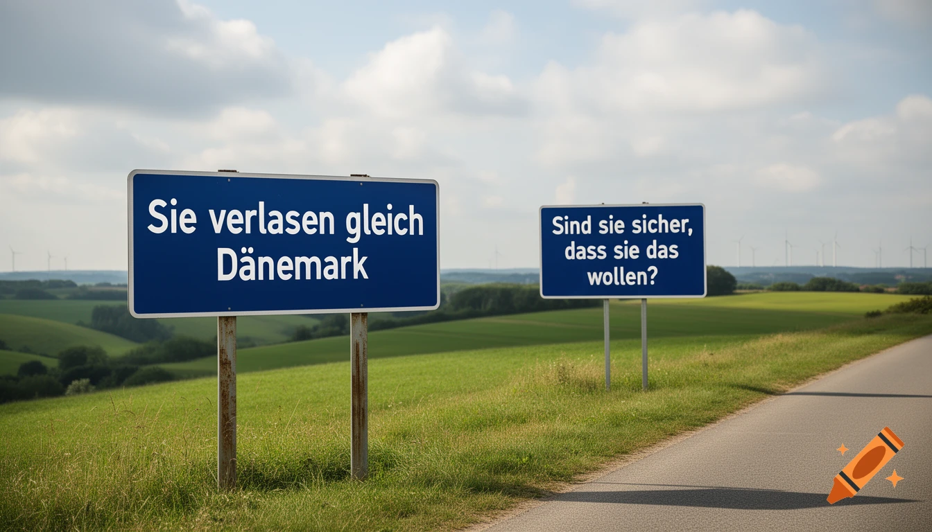Two blue road signs on a country road, with green fields and wind turbines in the background under a cloudy sky.