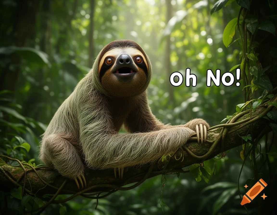 A surprised-looking sloth with wide eyes and an open mouth clings to a tree branch in a lush green jungle, with the text "Oh No!" floating next to it.