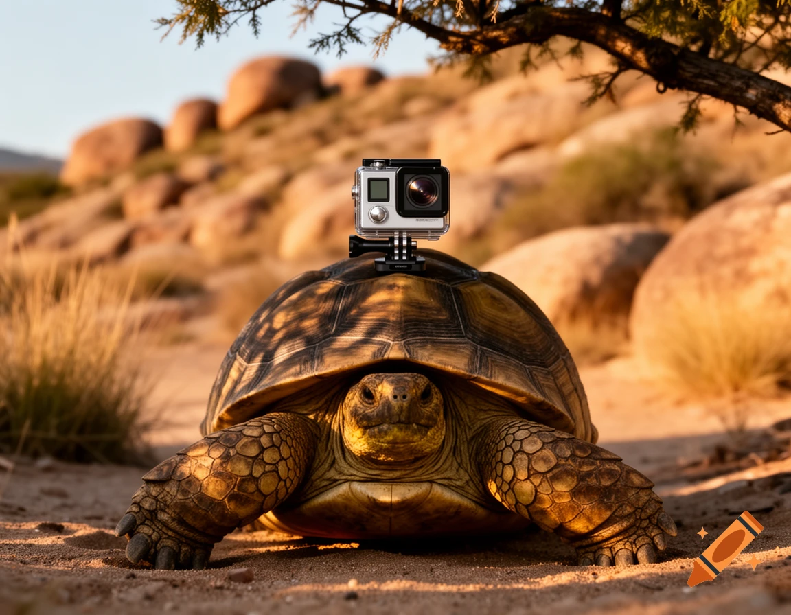 A photorealistic image of a tortoise with an action camera mounted on its shell, standing on sandy ground in a desert.