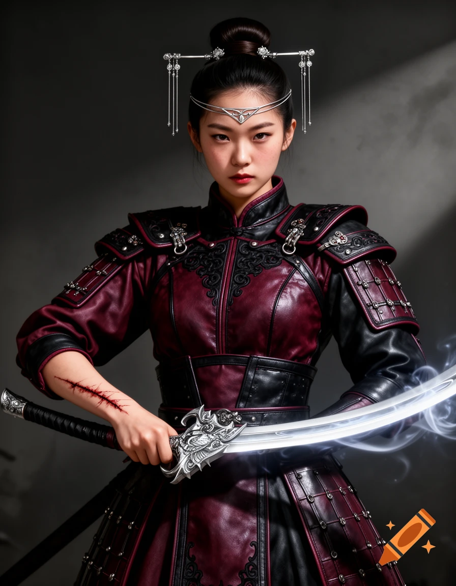 Young Asian warrior princess in burgundy and black leather armor, holding a glowing silver fantasy sword, with a battle scar on her forearm.