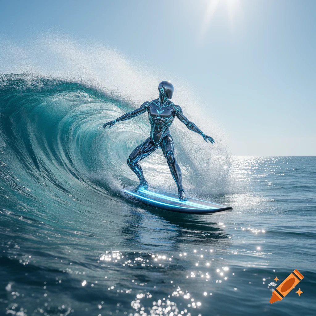 A metallic robot with glowing blue accents surfs a large, curling ocean wave under a bright blue sky.