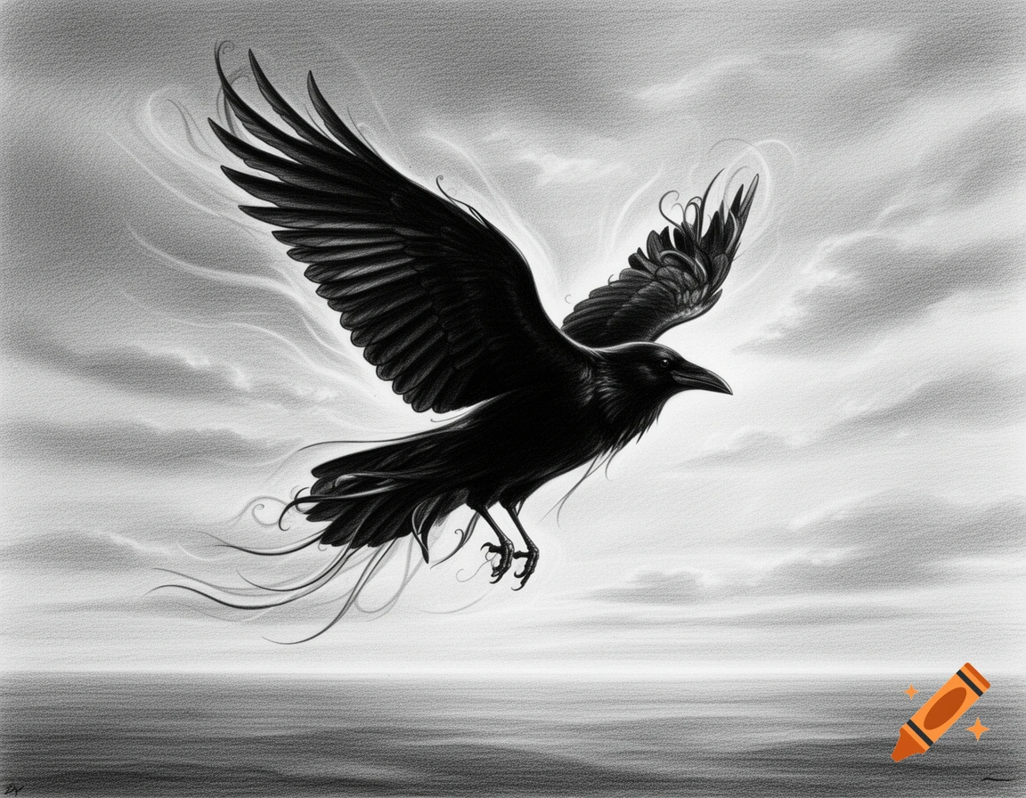 A black raven with flowing tail feathers and outstretched wings flies above a calm ocean under a cloudy sky, in a detailed pencil sketch style.