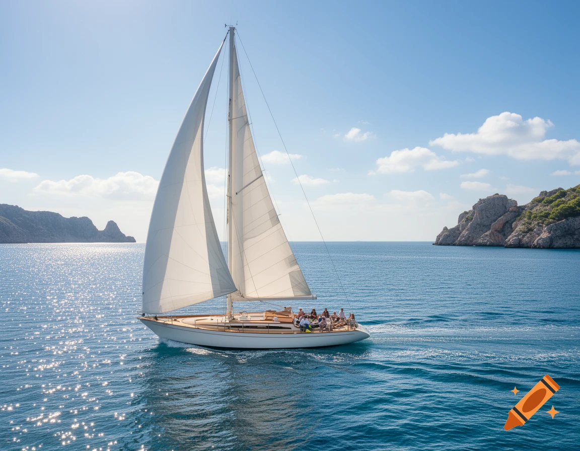 A photorealistic image of a sailboat with people on the open ocean on a sunny day, with islands in the distance.