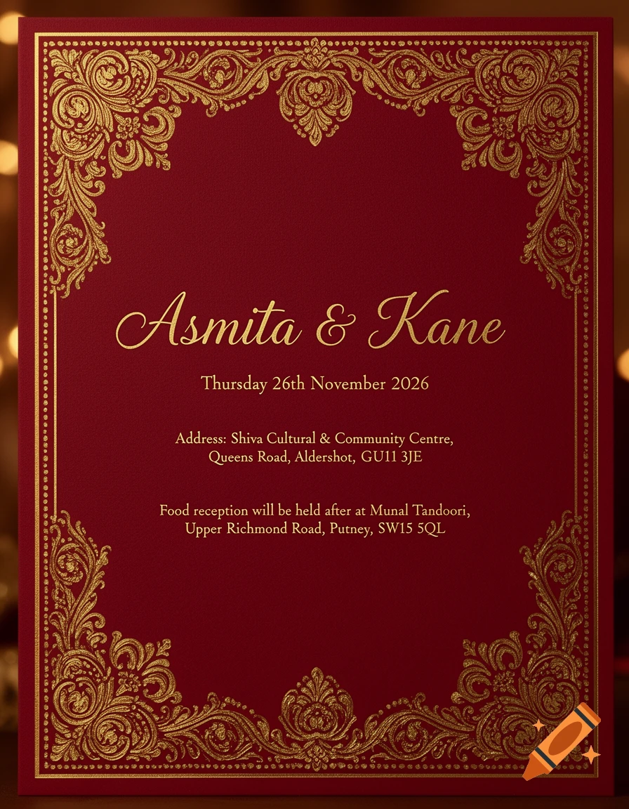 A red wedding invitation with ornate gold filigree borders, displaying text for Asmita & Kane's wedding details.