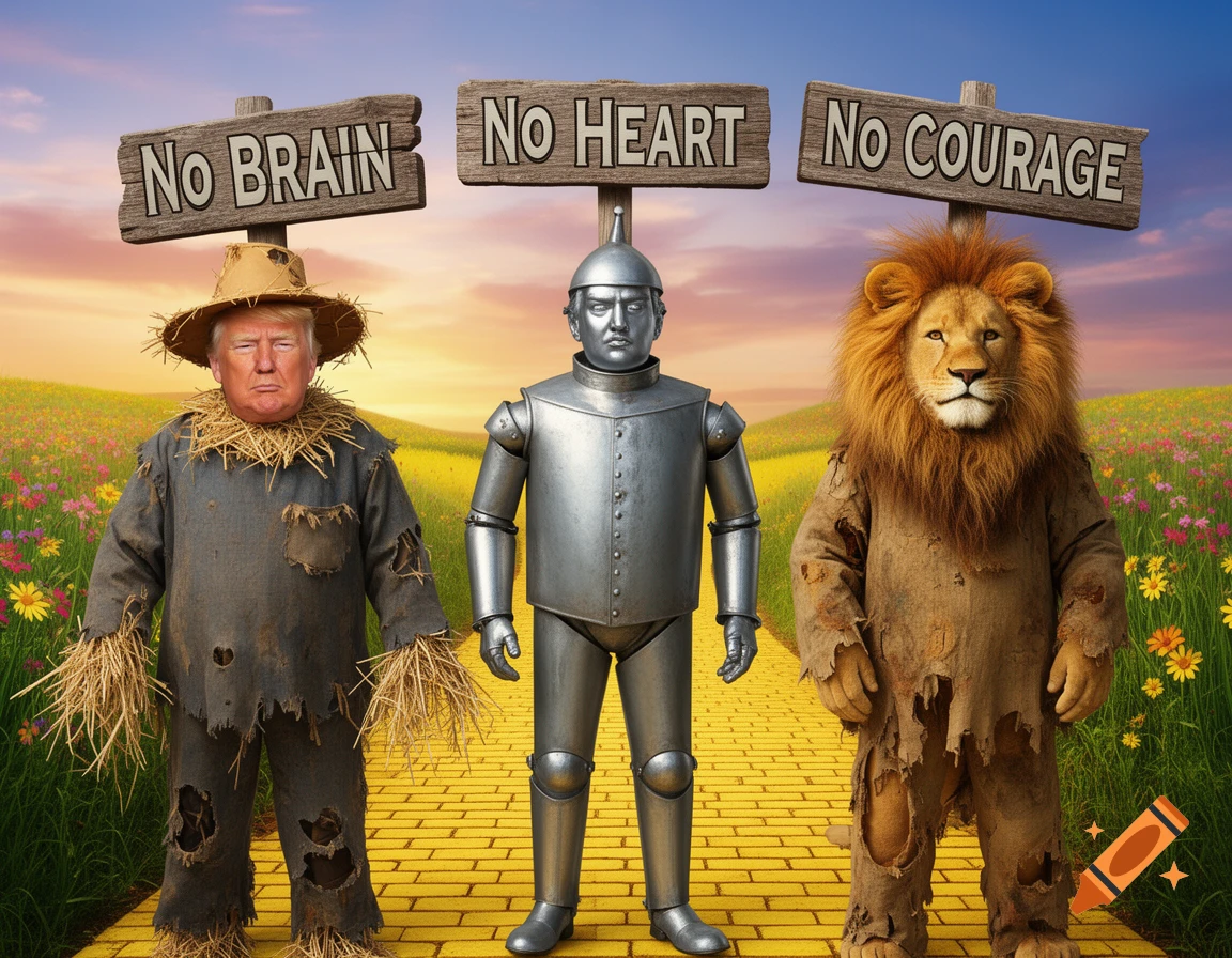 Donald Trump as the Scarecrow, Tin Man, and a lion as the Cowardly Lion, on a yellow brick road, with signs 'No Brain,' 'No Heart,' 'No Courage.'