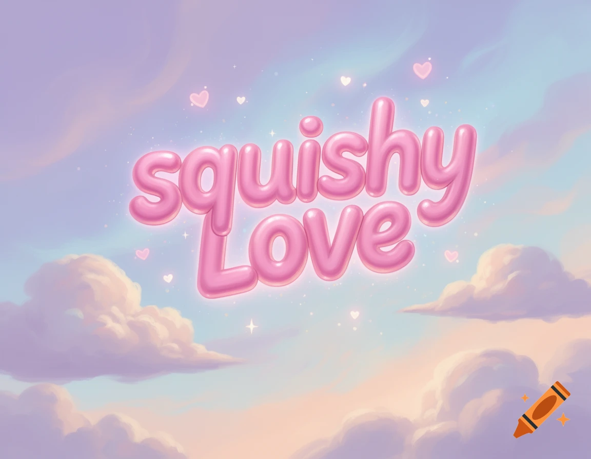 Pink bubble letters spell 'squishy Love' in a pastel sky with soft clouds and glowing hearts.