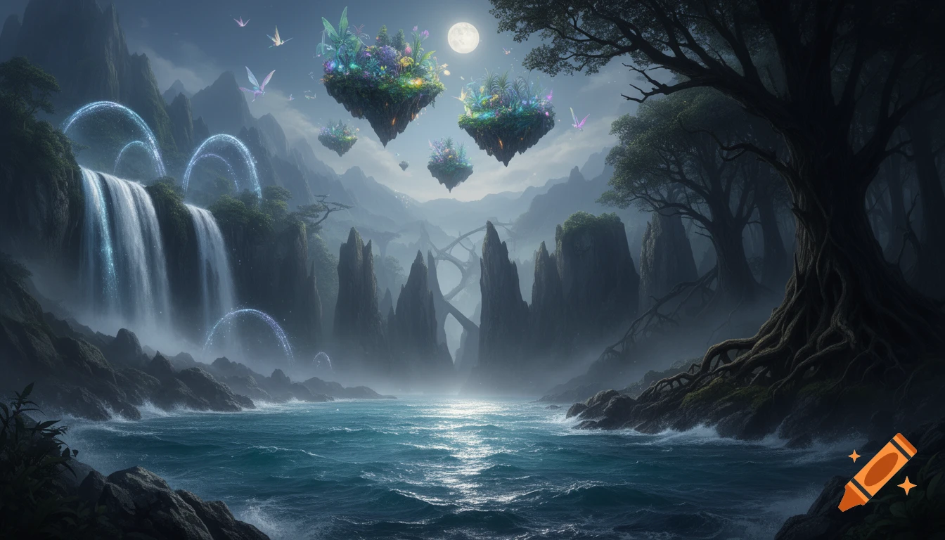 A majestic fantasy landscape with glowing waterfalls, floating islands, a moonlit ocean, and a dark forest.