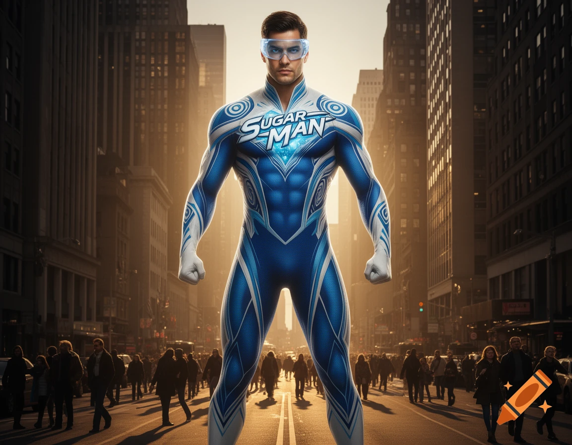 A muscular male superhero in a blue and white suit, with 'SUGAR MAN' on his chest, stands in a busy city street.