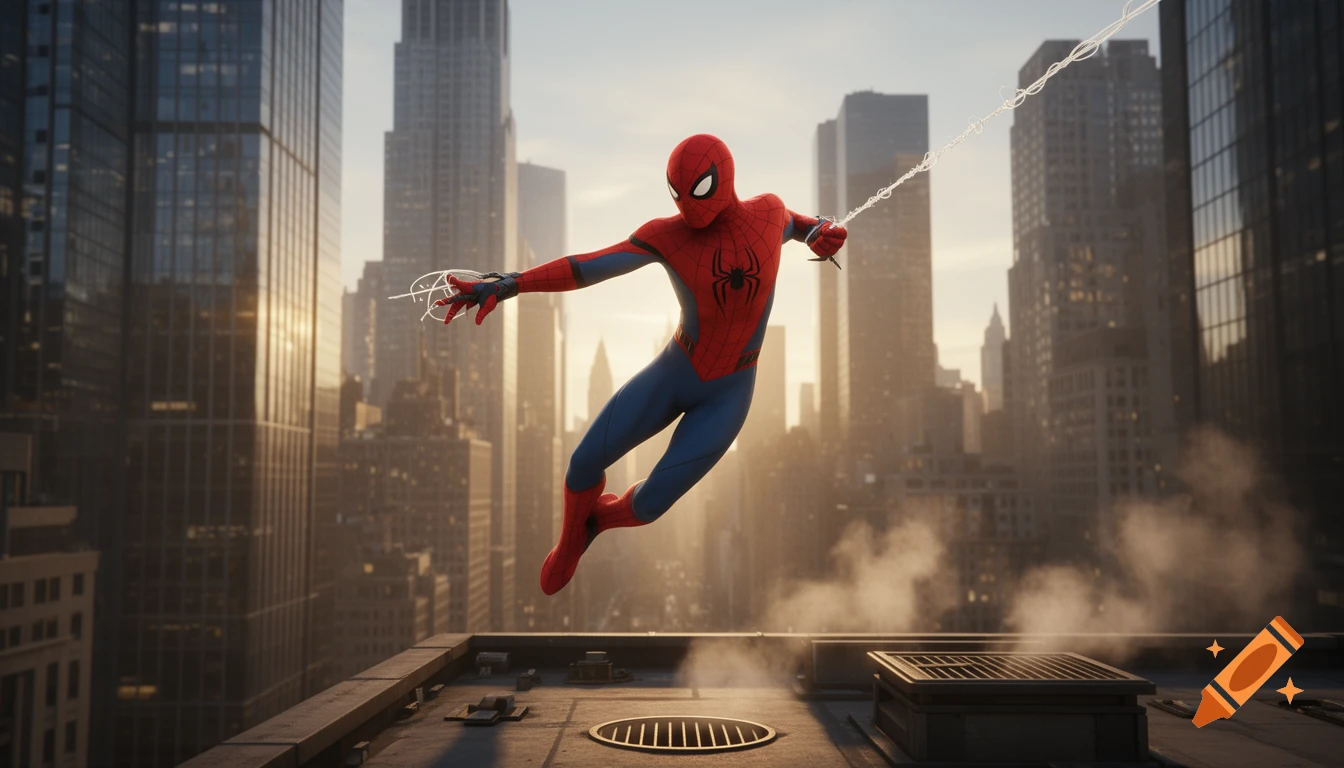 Photorealistic Spider-Man swings through a bustling New York City skyline at sunset, launching from a rooftop.