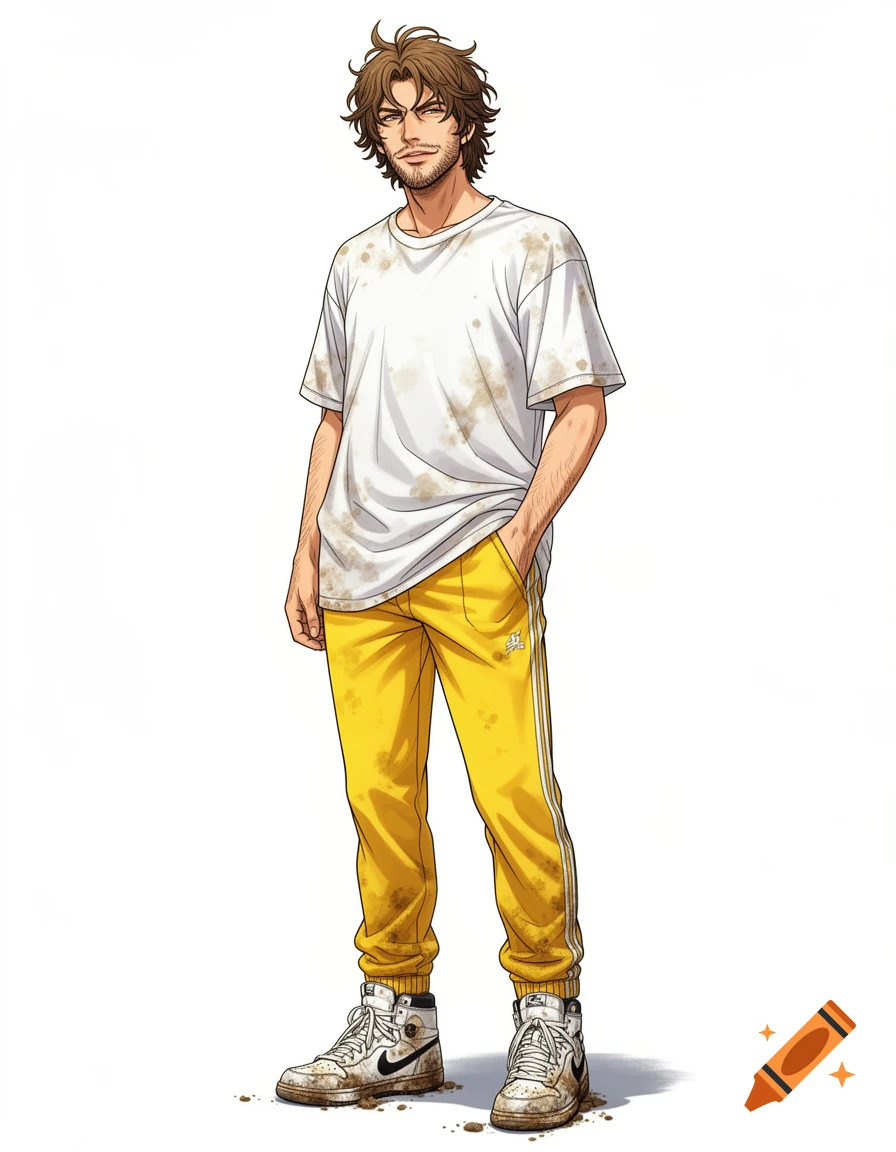 A full-body anime illustration of a young man with messy brown hair and stubble, wearing a stained white t-shirt, yellow track pants, and dirty white high-top sneakers.