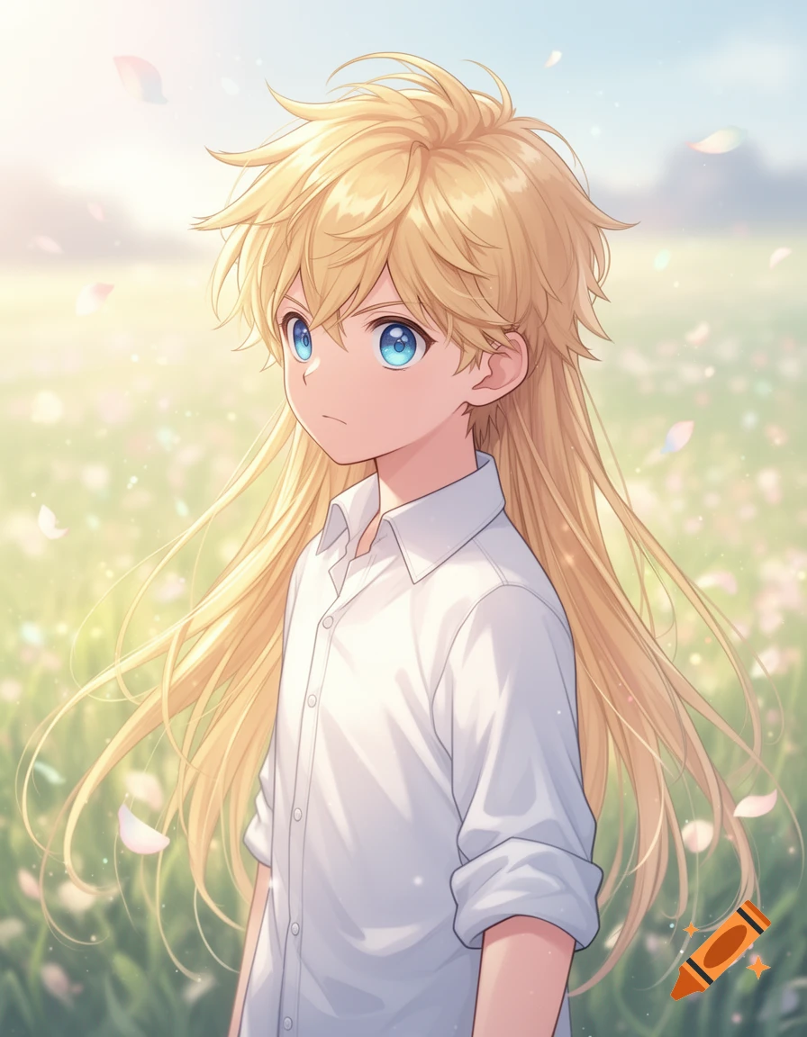 Anime boy with long blonde hair and blue eyes in a sunny field with flower petals.