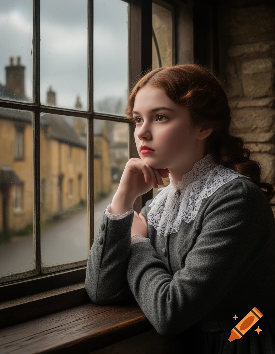 Photorealistic portrait of a Victorian girl in a gray dress, looking thoughtfully out a window at a misty English village scene.
