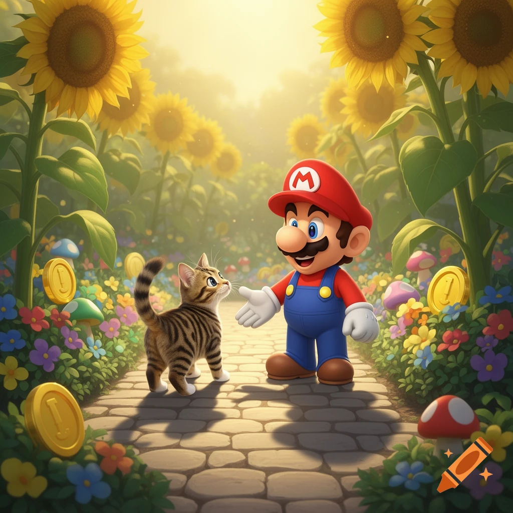 Mario and a tabby kitten meet on a sunny stone path surrounded by sunflowers, colorful flowers, mushrooms, and golden coins in a stylized, cartoon setting.