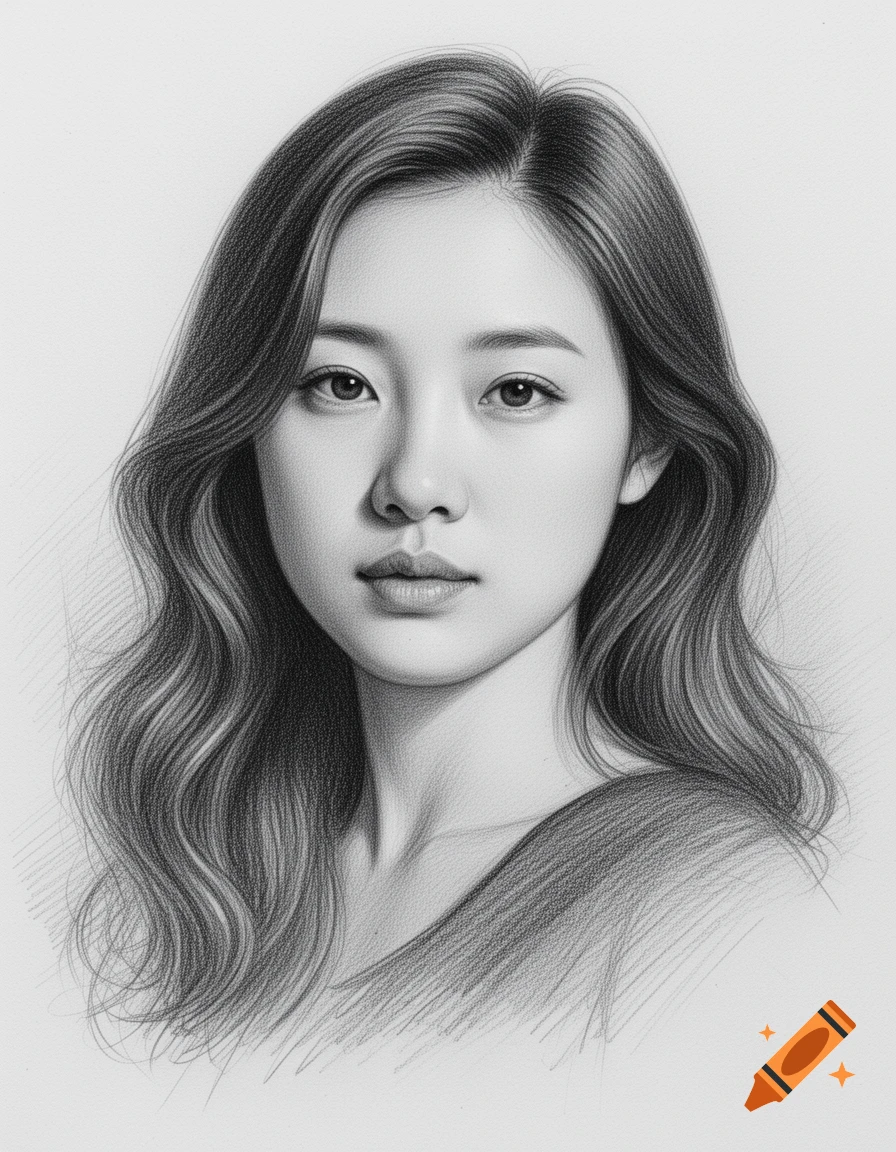 Pencil drawing of an Asian woman with long wavy hair looking directly forward.