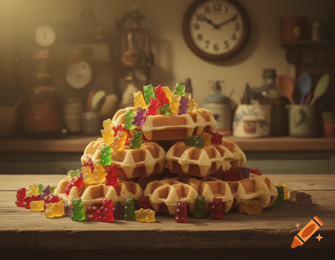 A close-up shot of a stack of golden waffles topped with colorful gummy bears on a wooden table, in a dimly lit kitchen.