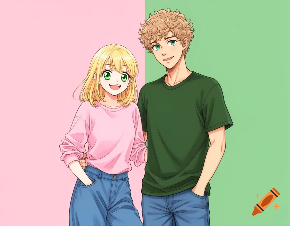 Anime illustration of a smiling blonde woman and a curly-haired man in casual clothes, against a pink and green background.