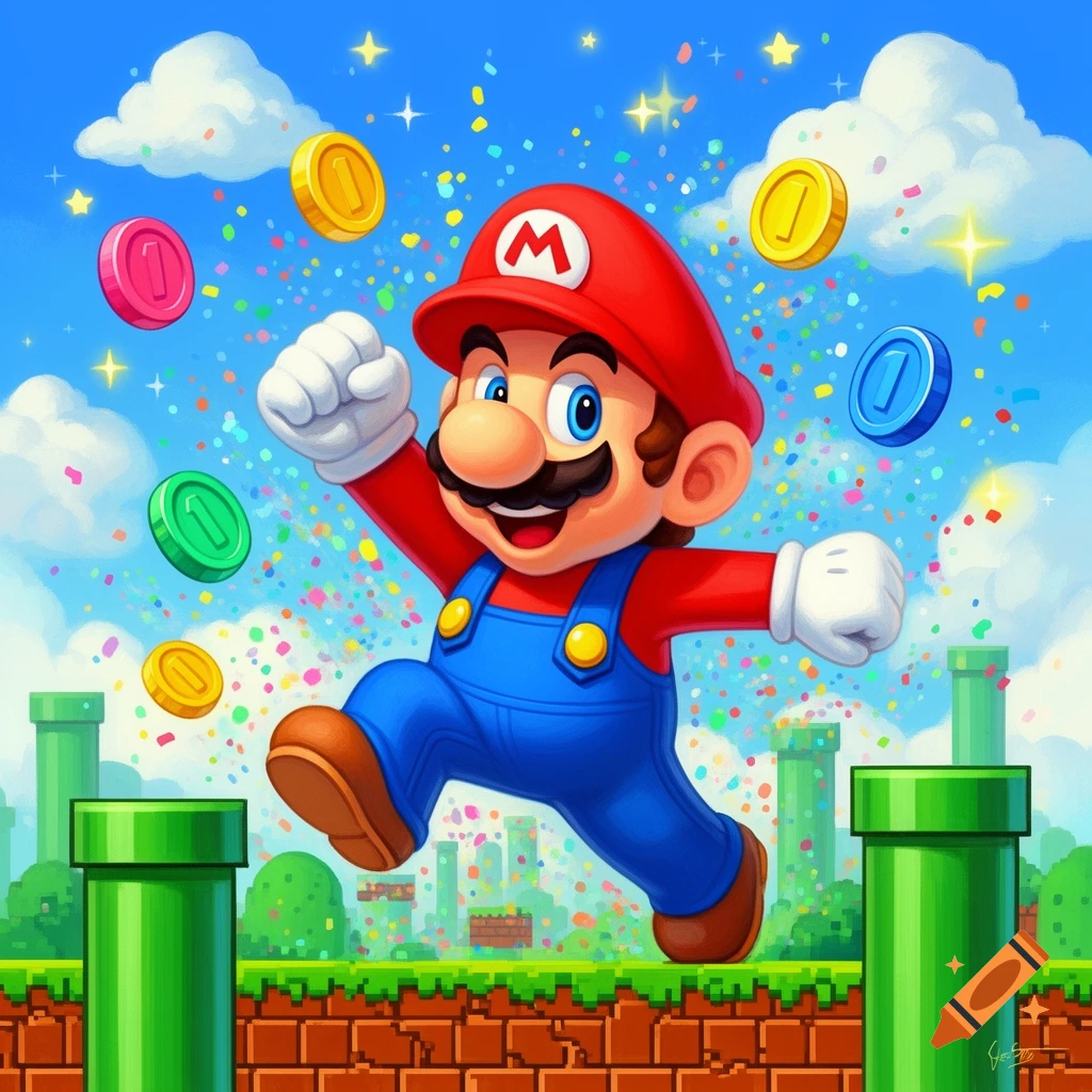 Mario jumps over green pipes with gold, red, blue, and green coins and confetti surrounding him in a vibrant, cartoon style.